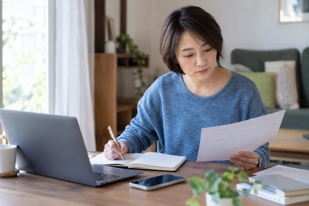 失業保険の手続きと求職活動の予定を確認する日本人女性