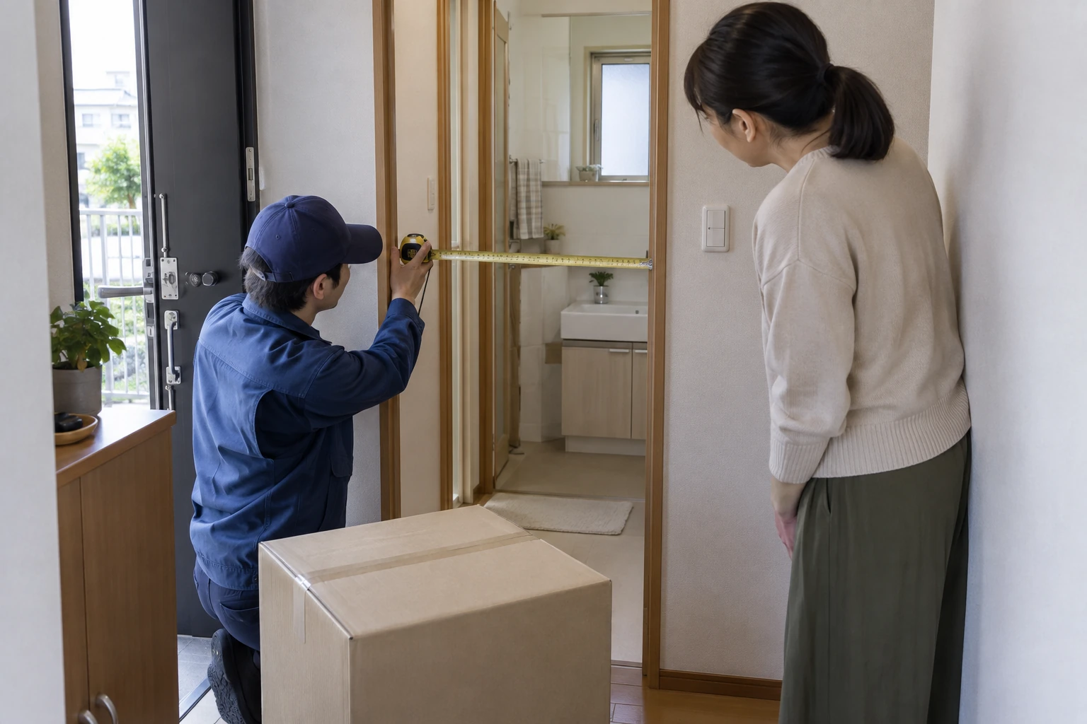 洗面所へ続く室内通路で二人がメジャーを持ち、洗濯機の搬入幅を確認するイメージ