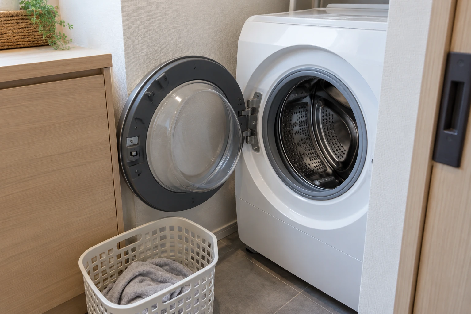 ドラム式洗濯機のドアを開けた際に隣の家具や洗濯かごへ干渉しないか確かめるイメージ