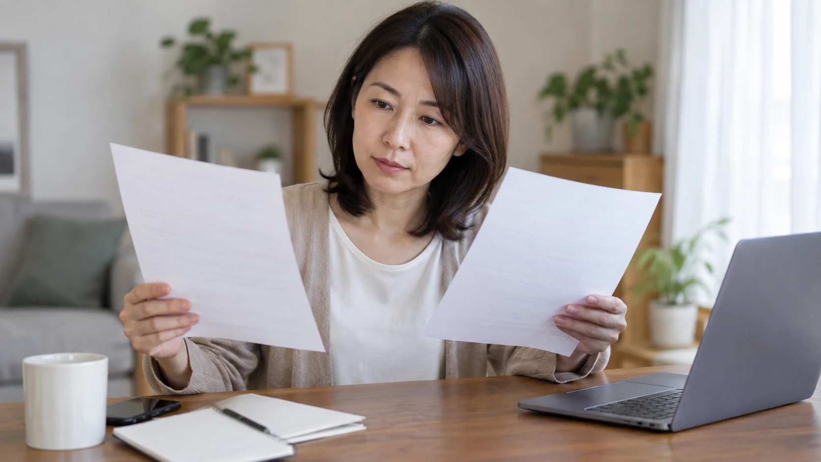 パートと契約社員の求人条件を比較する女性