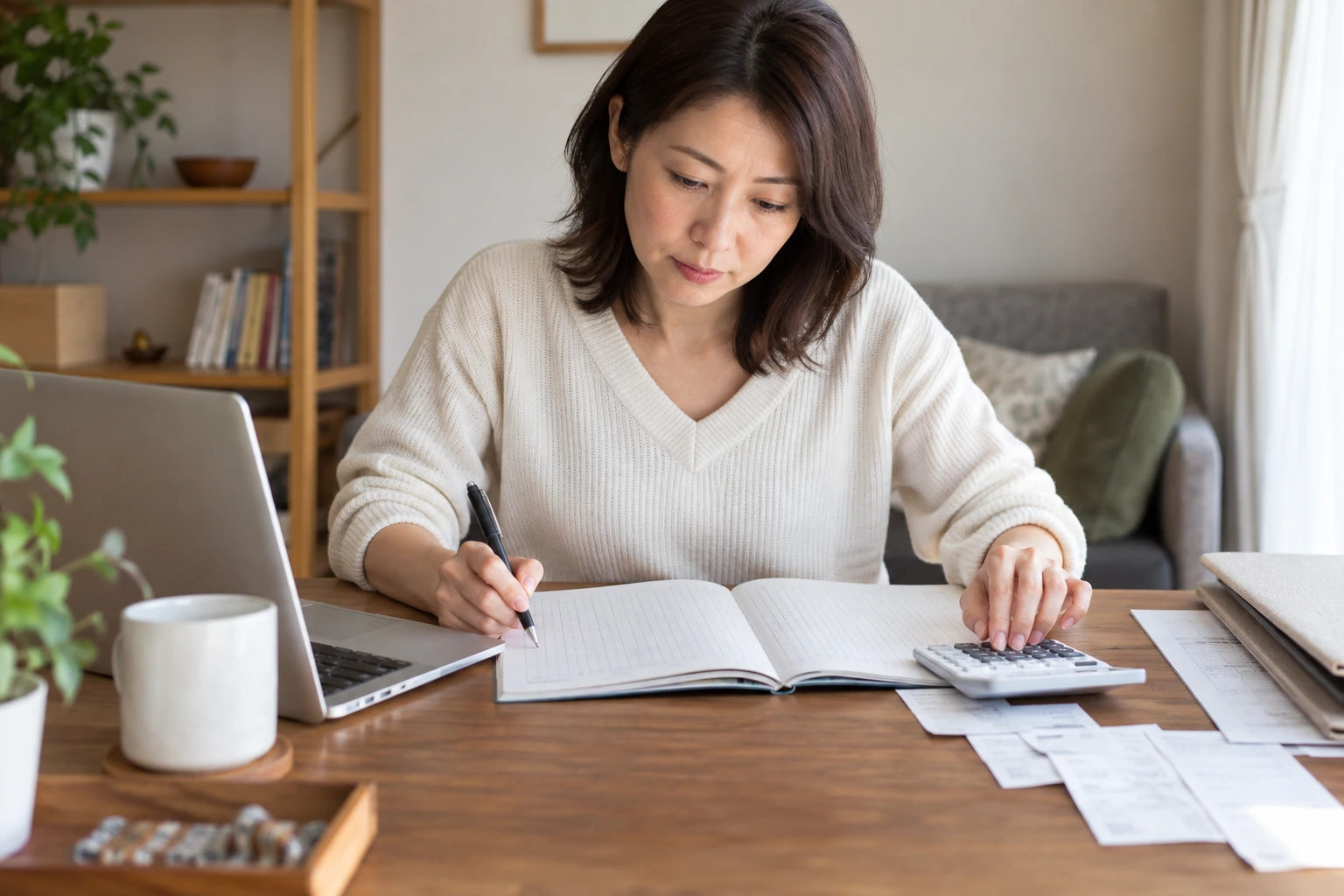 個人事業主の売上と必要経費を帳簿で確認する女性