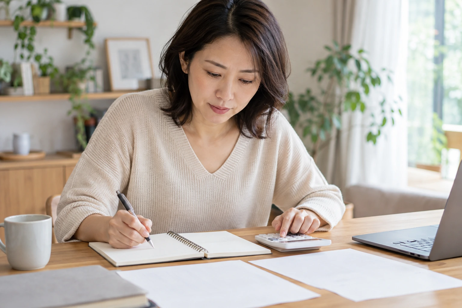 個人事業主の税金試算の前提条件をノートに整理する女性
