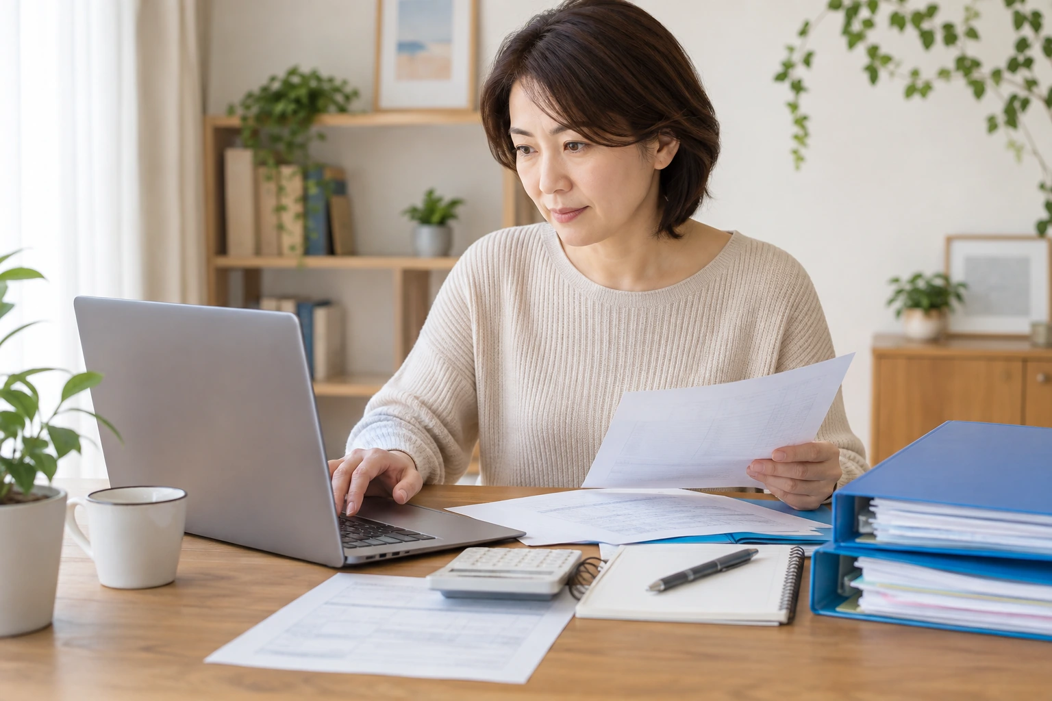 青色申告の帳簿とe-Taxの準備を確認する女性