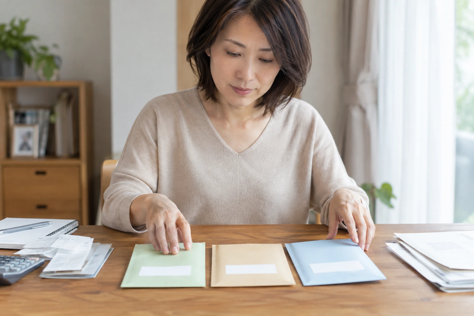 税金と社会保険料を分けて年間の支払いを管理する女性