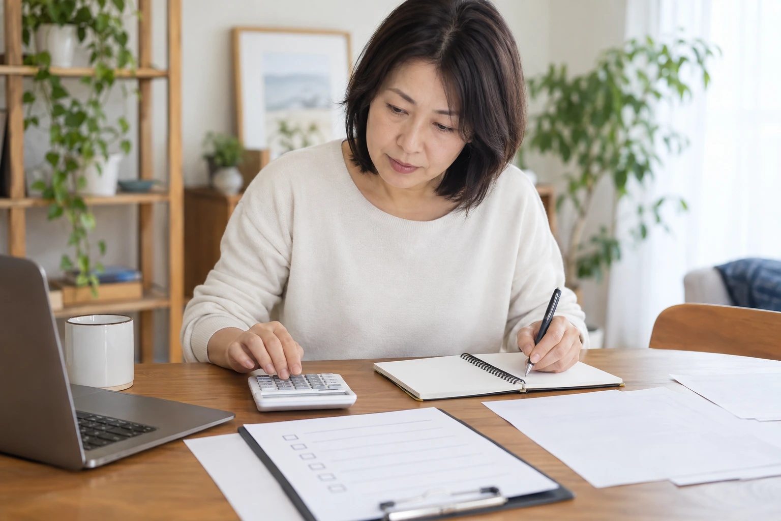 個人事業主の所得と控除をチェックリストで再計算する女性