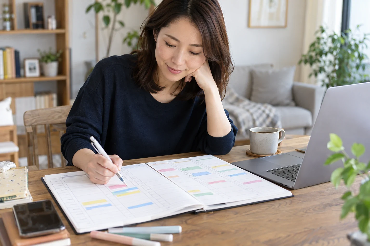 日本人女性がインボイス登録の有無を売上先と事務負担と納税資金で比較表に整理している様子