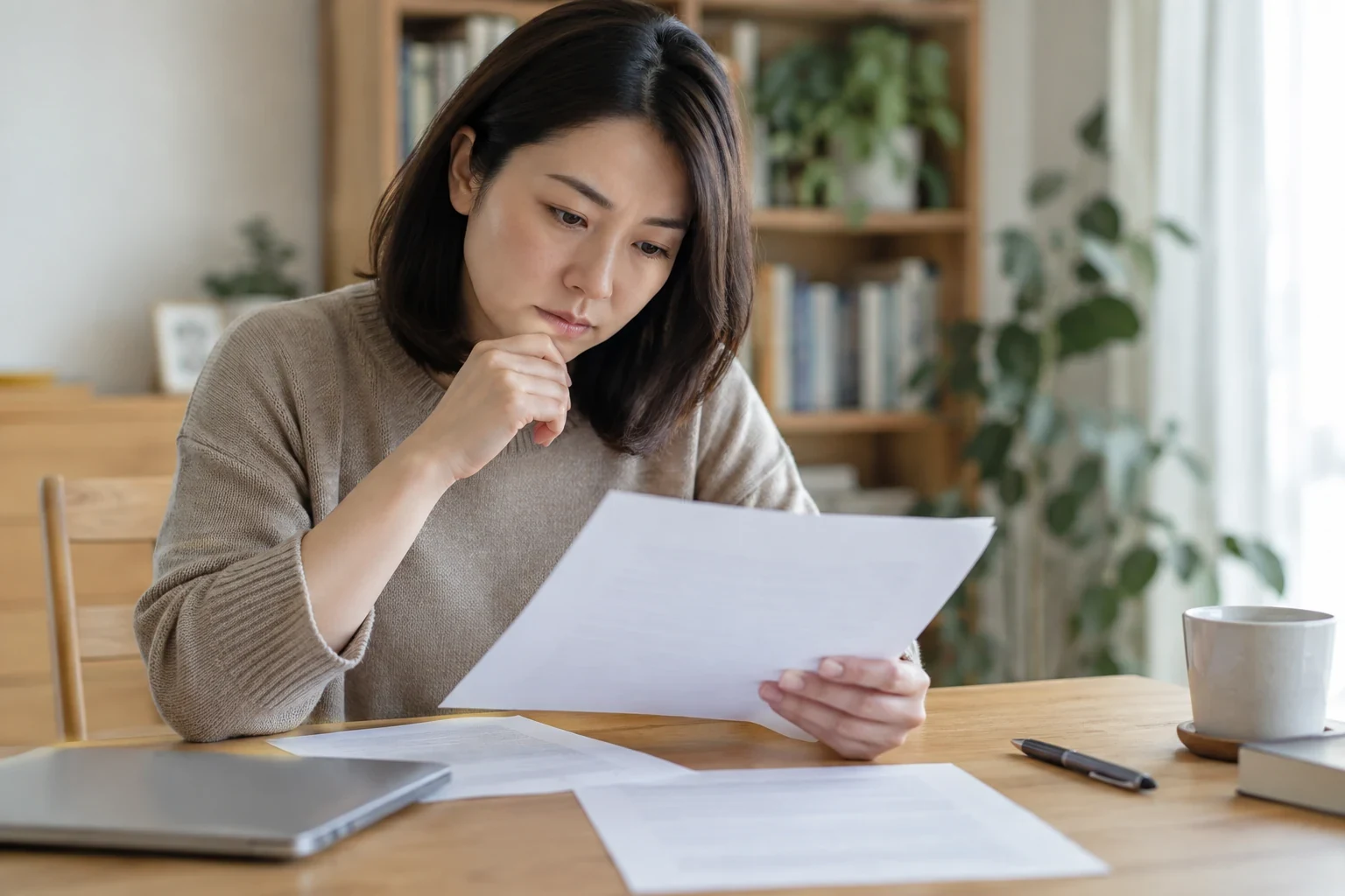 日本人女性がインボイス登録するかしないか専門家へ相談するかの最終チェックをしている様子