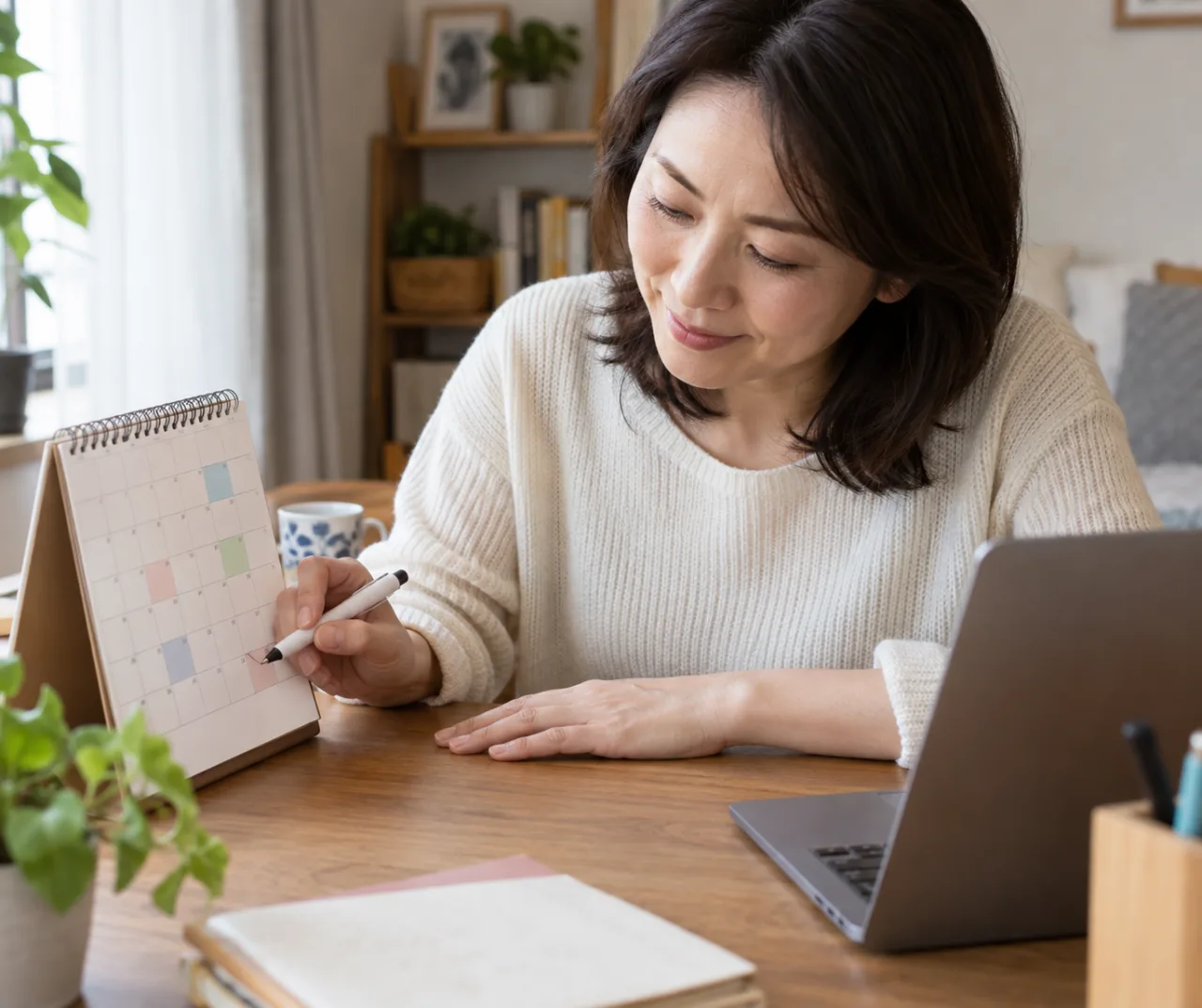 日本人の女性が一か月の勤怠表で残業時間と休日労働を色分けして確認する