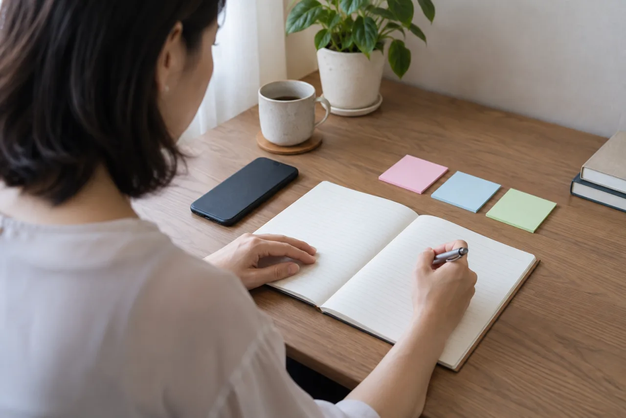 日本人の一人暮らしの女性が通勤と勤務時間を一週間の時間割に書き出す