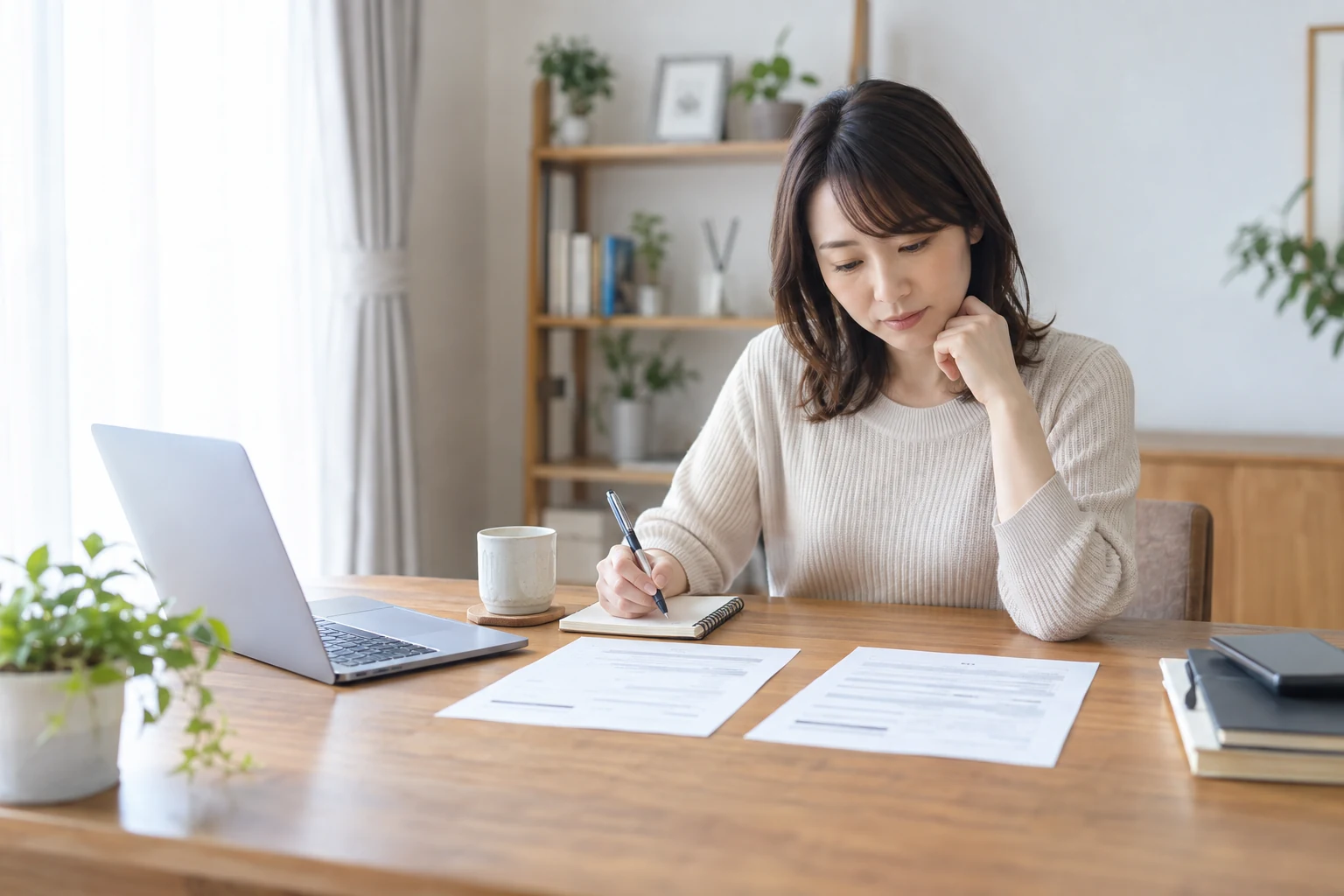 日本人女性が派遣元と派遣先の職歴を資料で整理する様子