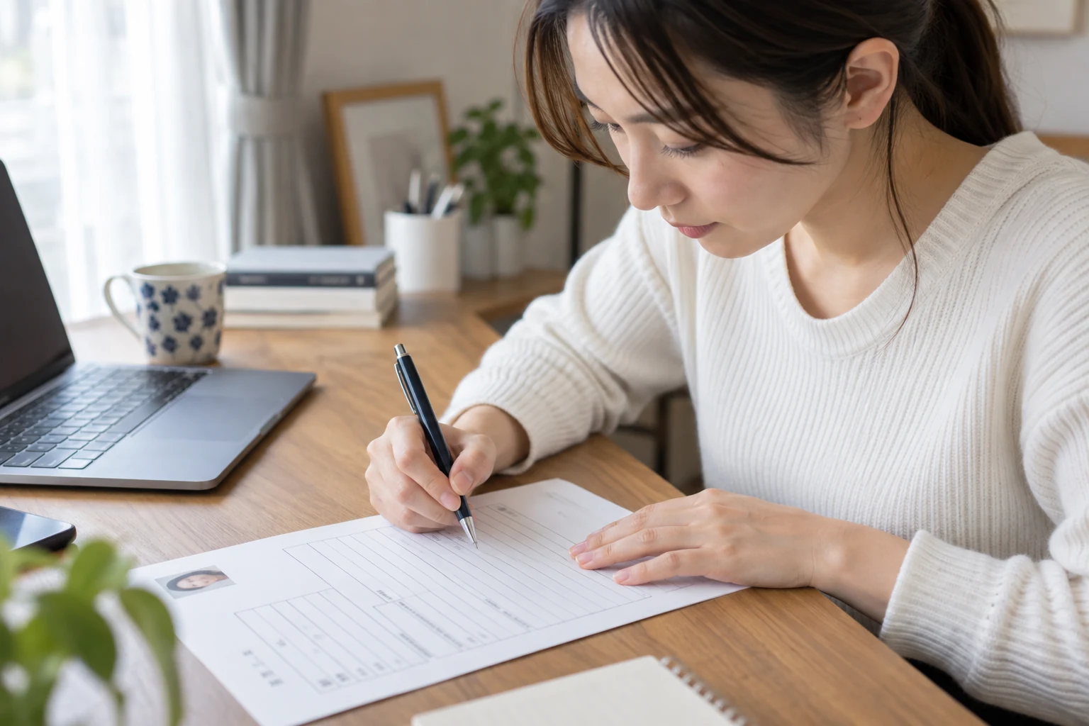日本人女性が履歴書の職歴欄に派遣期間を時系列で記入する様子