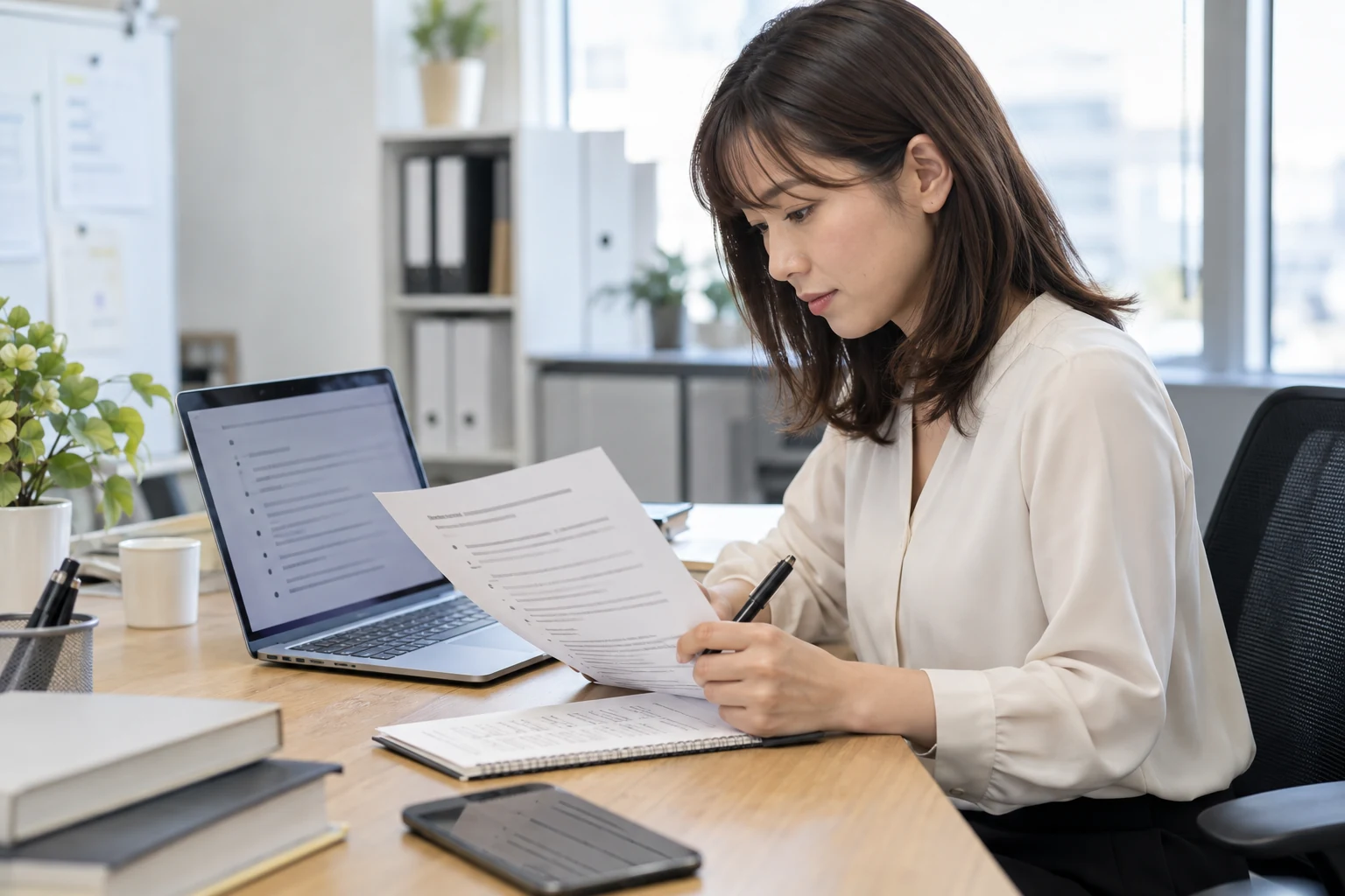日本人女性が職務経歴書に派遣先で担当した業務と技能を書き出す様子