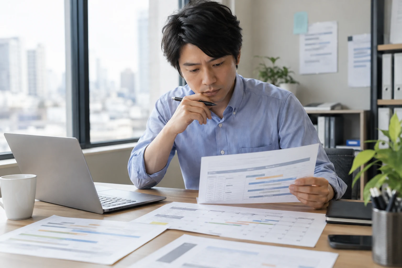日本人男性が複数の派遣先の勤務期間を表にまとめる様子