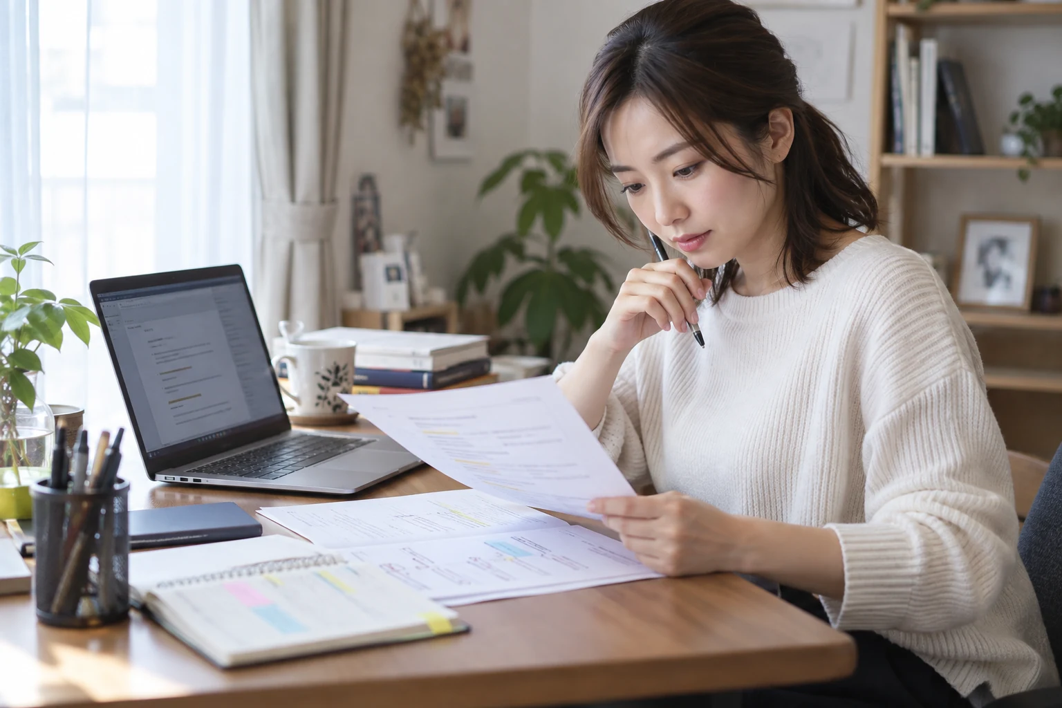 日本人女性が応募先に合わせて職務経歴書の自己PRを調整する様子