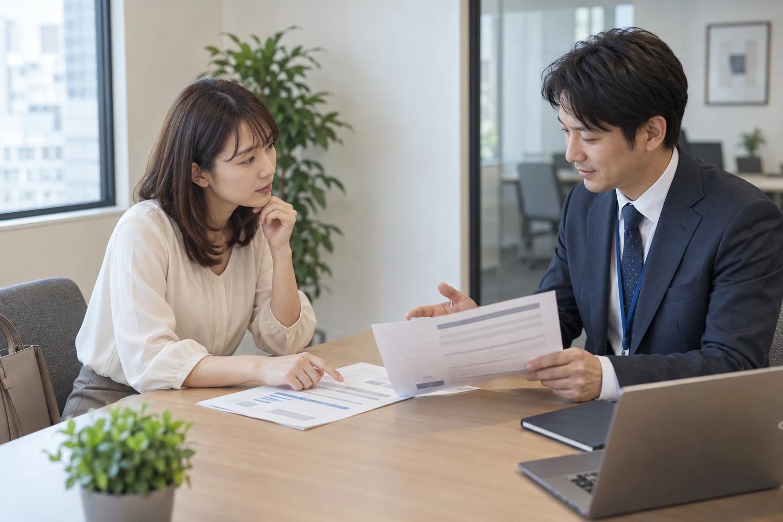 日本人女性が派遣元の担当者に職歴の確認を相談する様子
