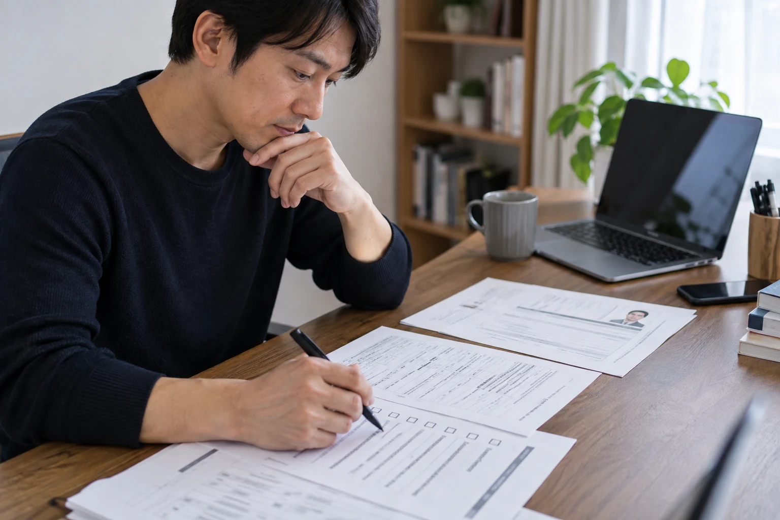 日本人男性が応募書類を見直し面接で職歴を説明する準備をする様子