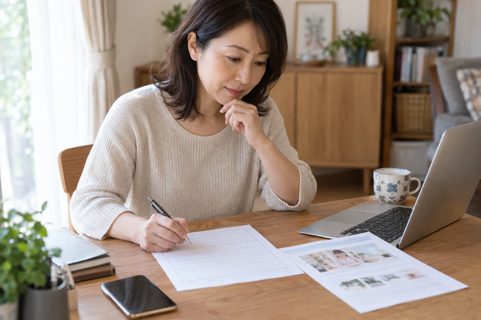 パート応募の履歴書と求人票を見比べて必要書類を確認している様子
