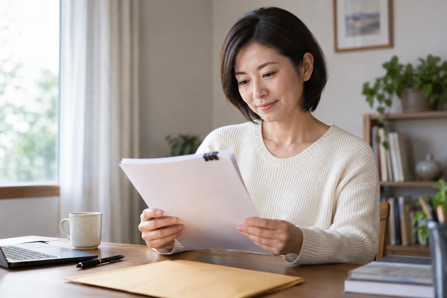 完成したパート応募書類を封筒と一緒に確認している様子