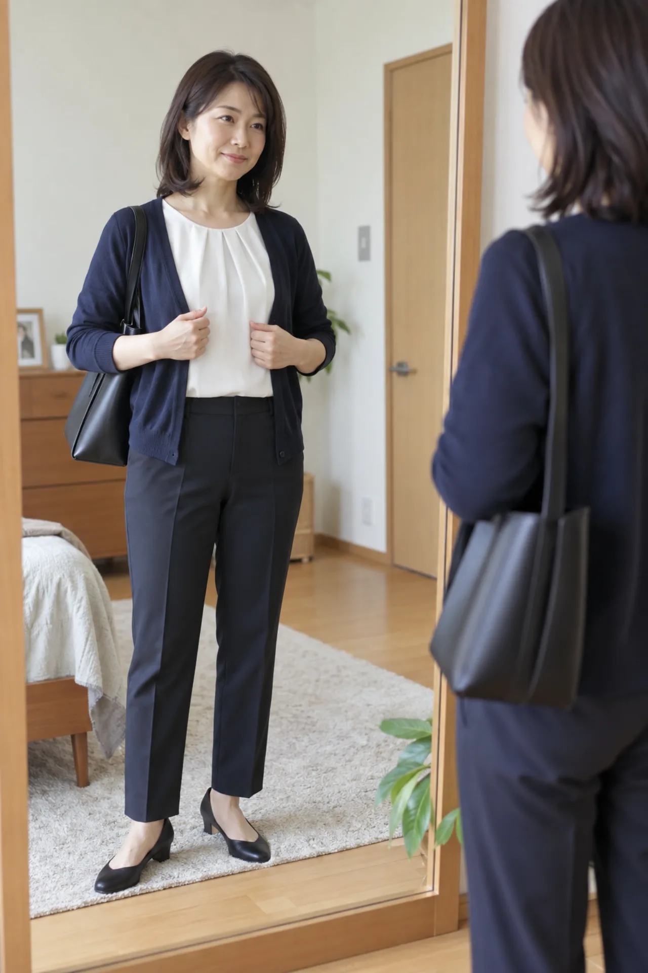 40代の女性がパート面接に着ていくブラウスやカーディガンを選んでいる様子