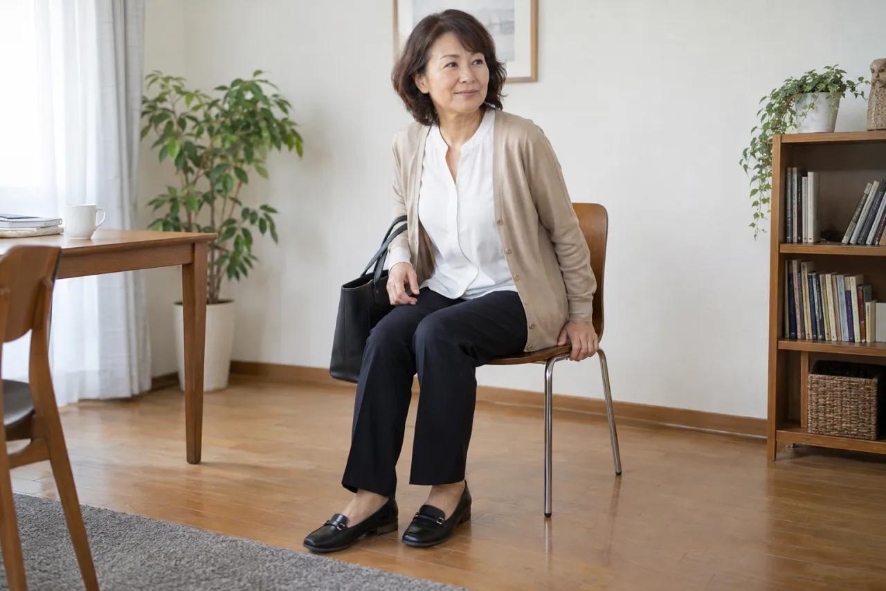 夏のパート面接に向かう女性が白い半袖ブラウスと濃い色のパンツを着ている様子
