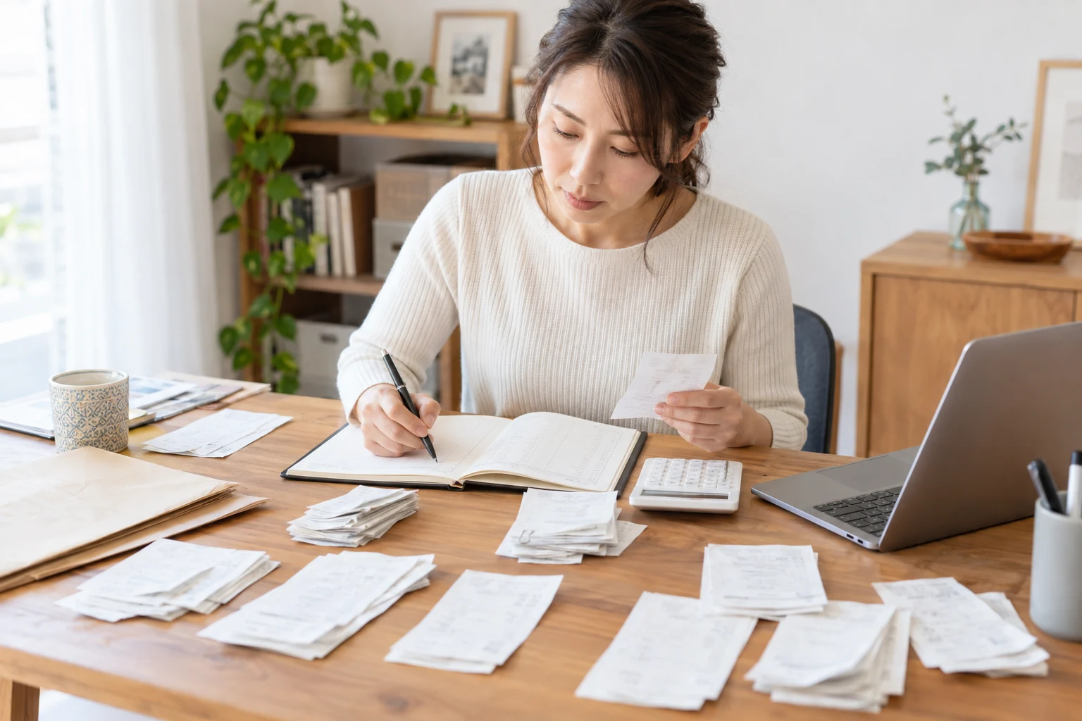個人事業主が領収書を整理して帳簿に記録する様子