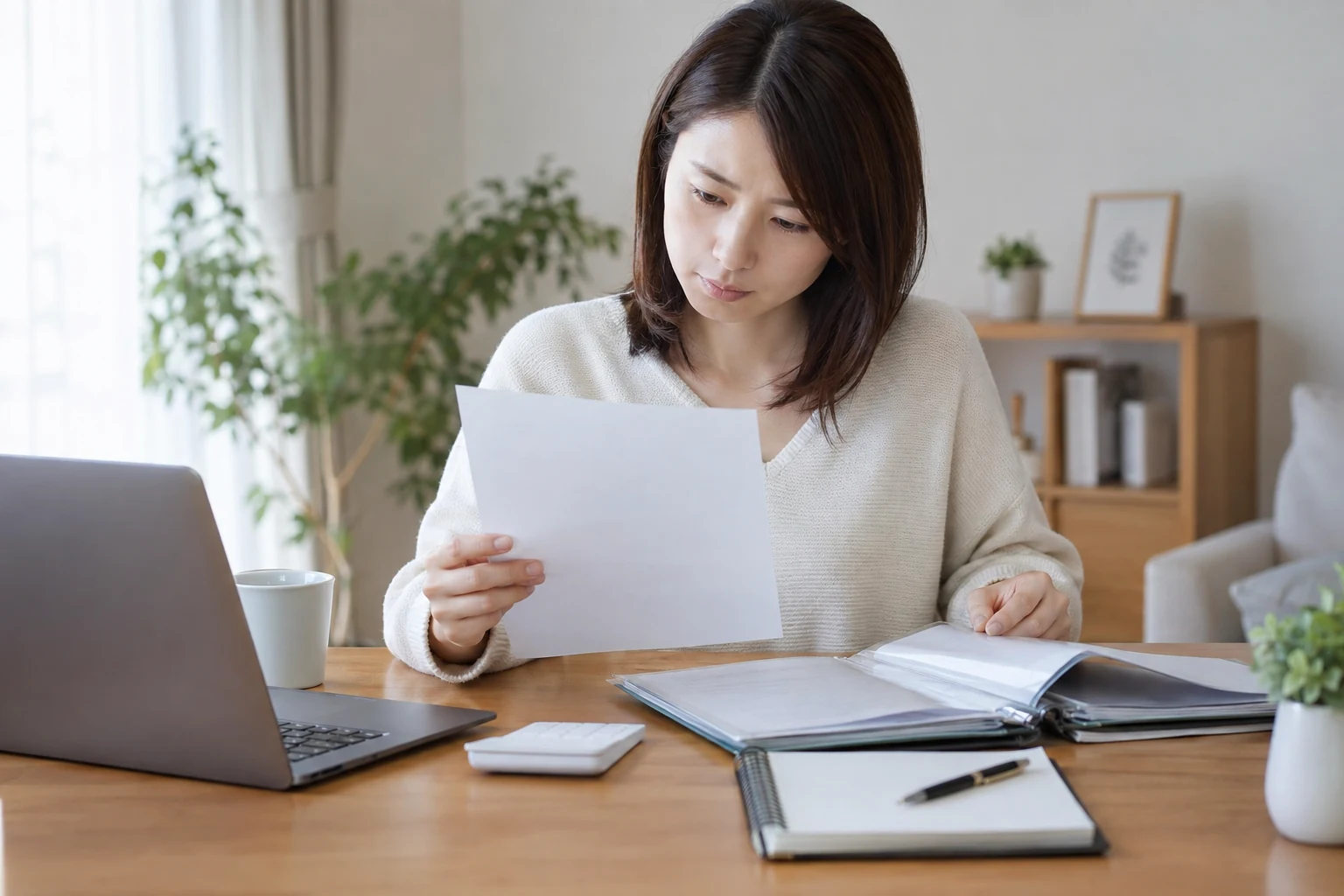 退職後に源泉徴収票と事業の記録を確認する日本人女性