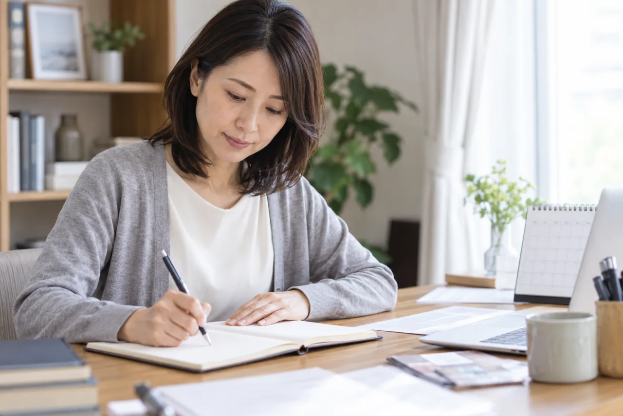 日本人の働く女性が職場で起きた出来事と感じたことをノートに分けて記録している様子