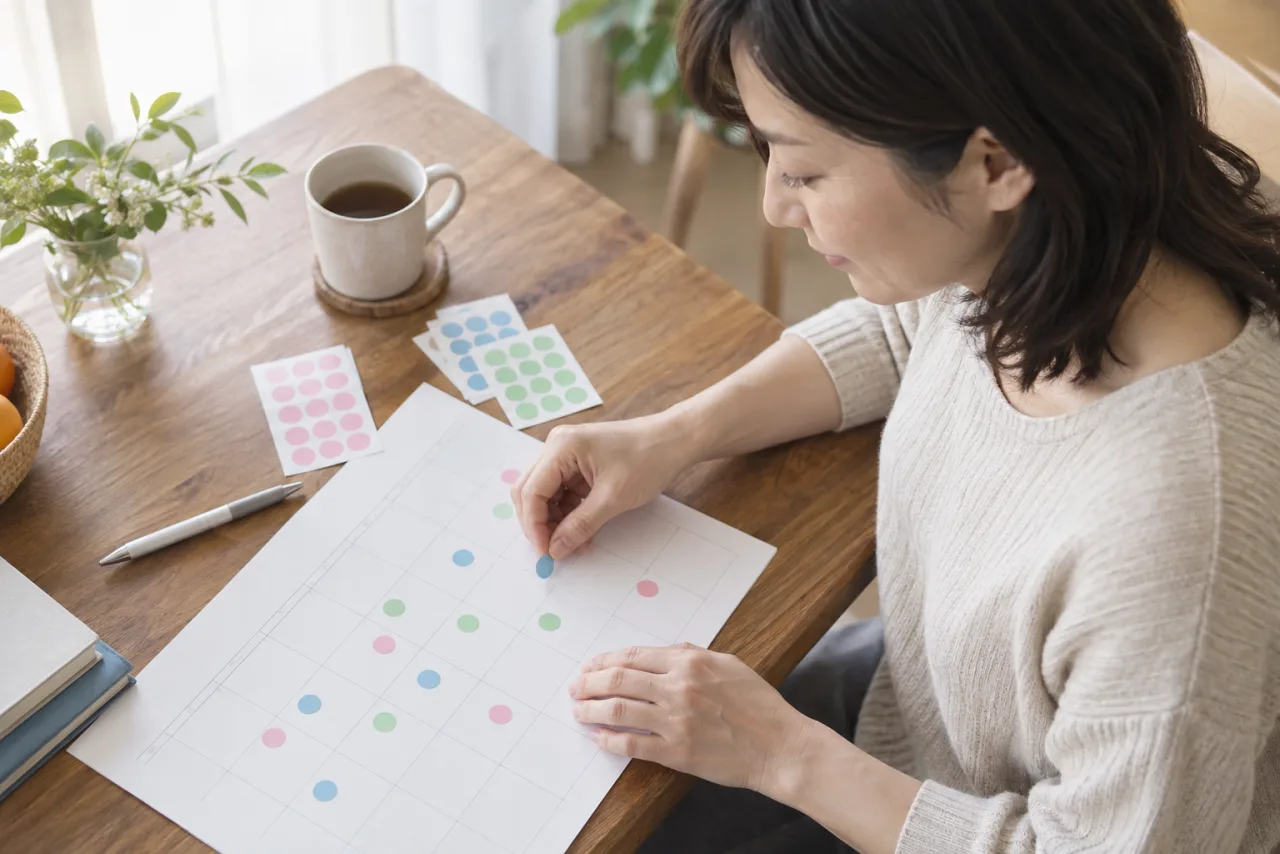 日本人女性が睡眠や食事や仕事の予定をノートに整理して受診準備をしている様子