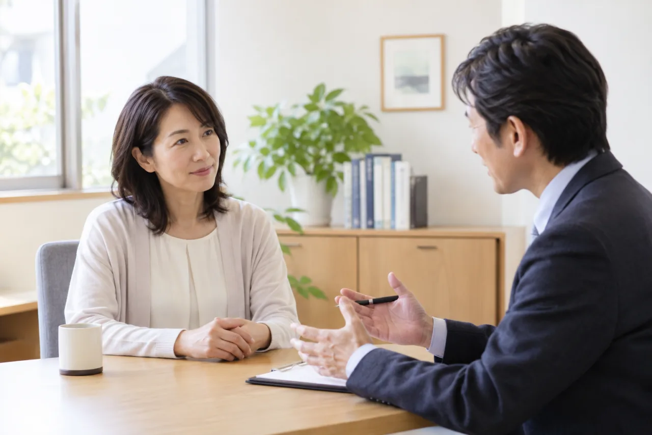 日本人女性が受診や休養や仕事の連絡を含む一週間の予定を色付きのシールで整理している様子