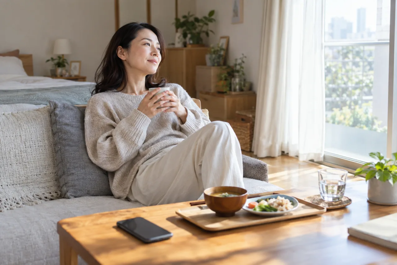 日本人女性が休職中の生活費と受診費用をノートと電卓で確認している様子