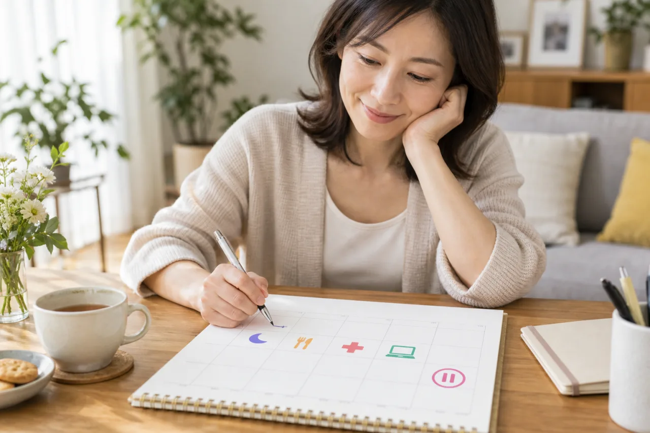日本人女性が睡眠や食事や受診や仕事の連絡を一週間のカレンダーに無理なく書き込んでいる様子
