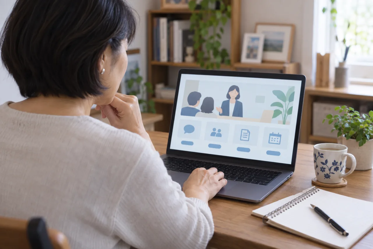 日本人女性がノートを見ながら公的な労働相談サービスを調べている