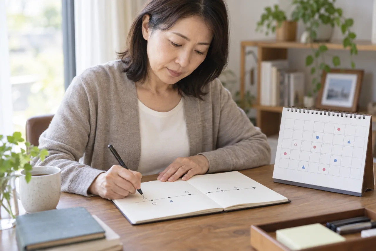職場で起きた出来事と欠勤や体調への影響を時系列で記録する日本人女性