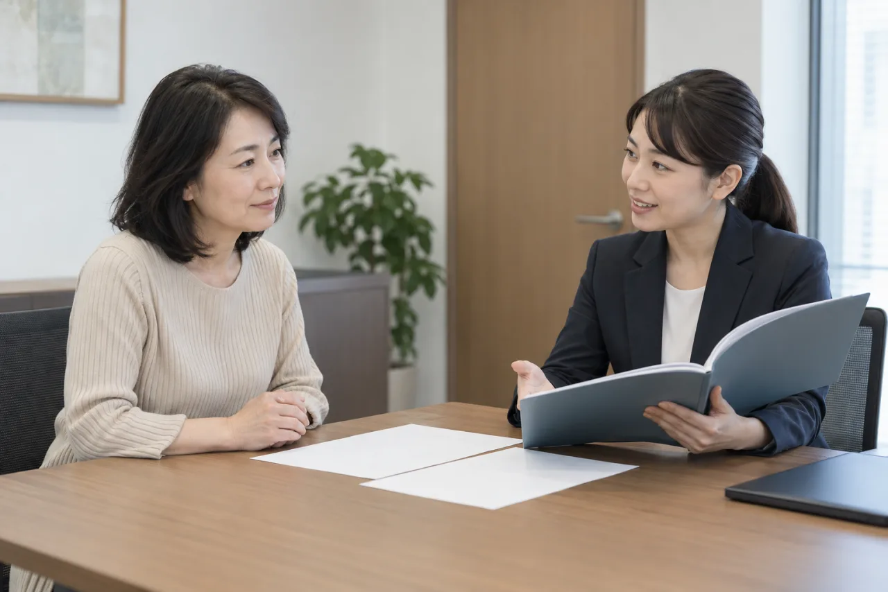 日本人女性が人事担当者に休職の条件と必要書類を相談している