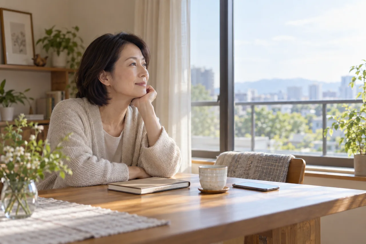 日本人女性が休む時間を取りながら今後の仕事の選択を考えている