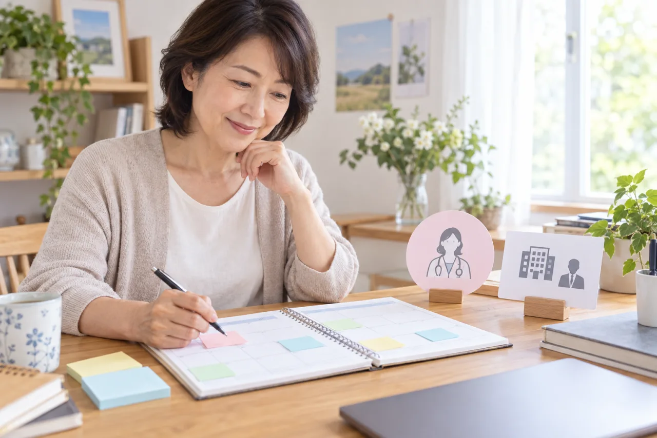 日本人女性が復職前の連絡日と勤務調整をカレンダーで整理している
