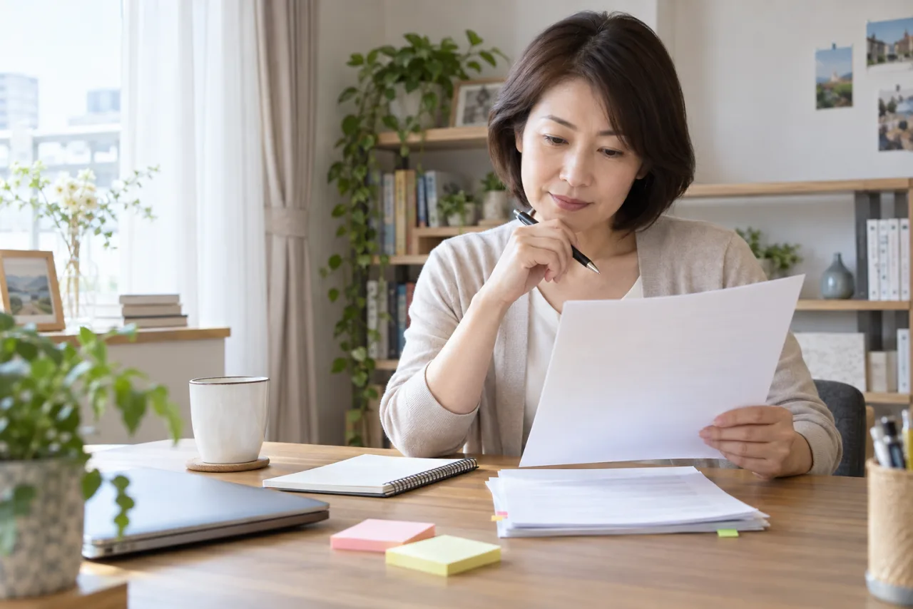 日本人女性が会社の就業規則を確認し休職の条件を書き留めている