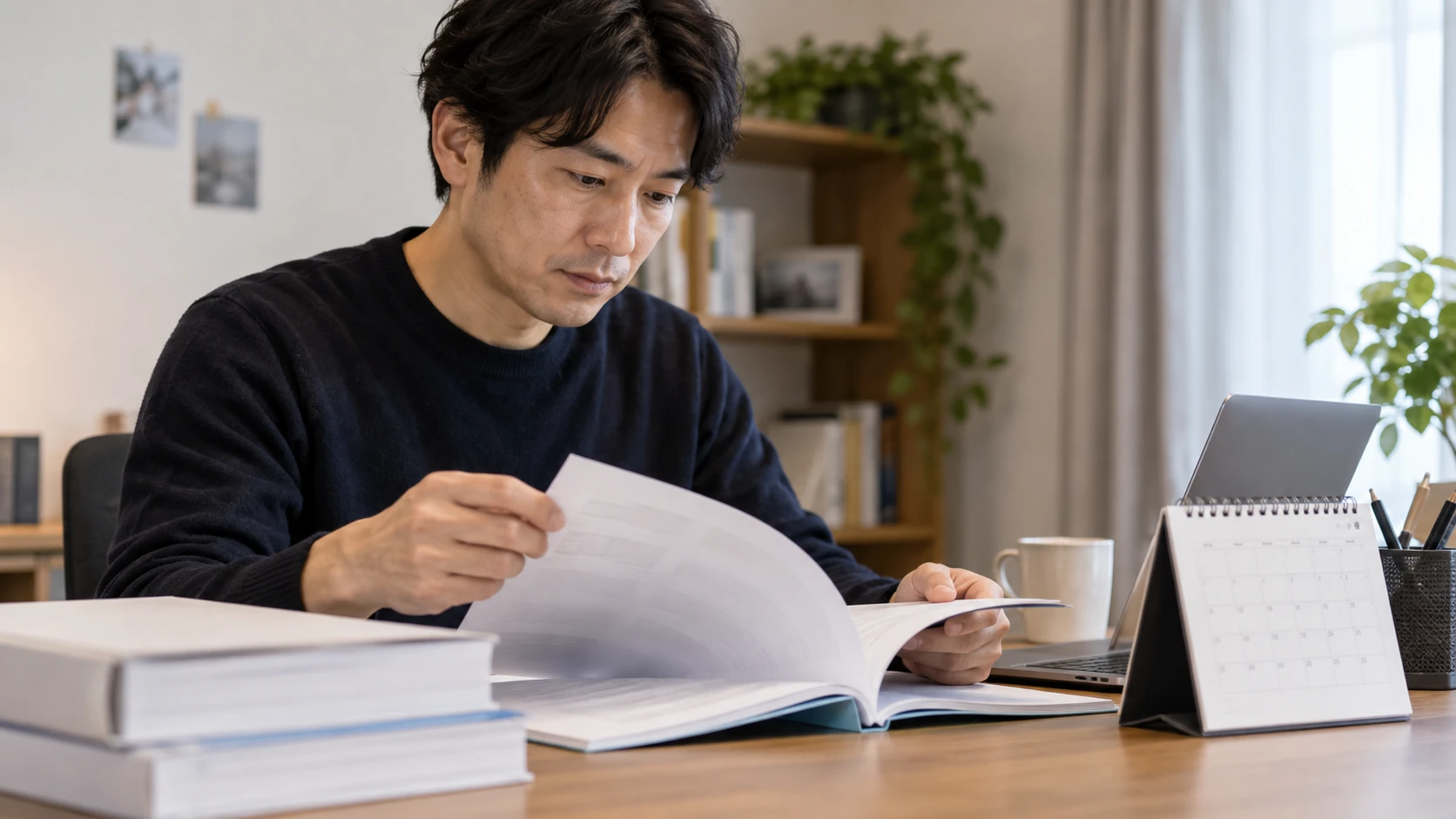 就業規則とカレンダーを確認する様子
