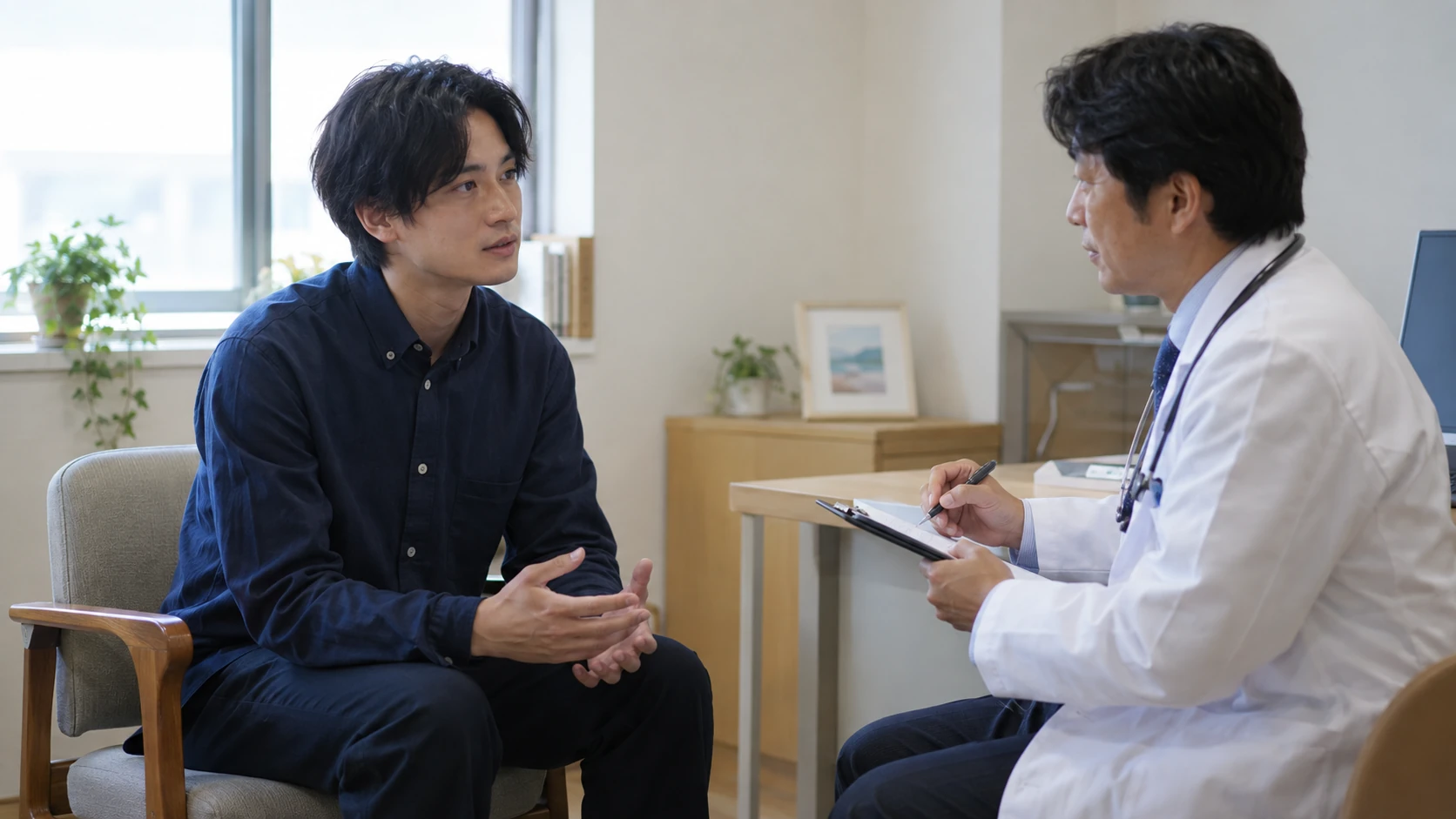 医師に仕事と療養について相談する様子