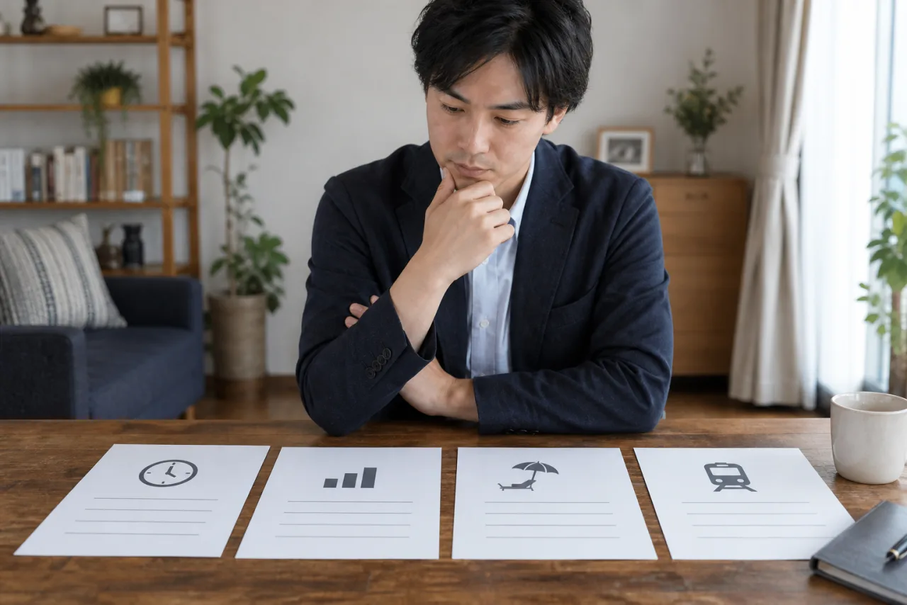 日本人の求職者が勤務時間と休みと通勤を比較する求人資料を見る