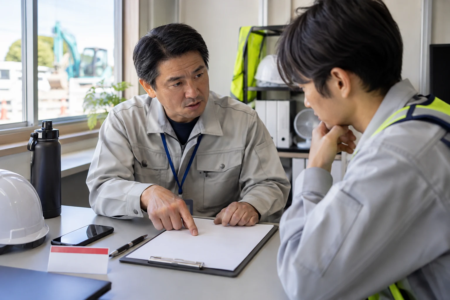 職場の熱中症対策を確認する日本人の責任者と作業者
