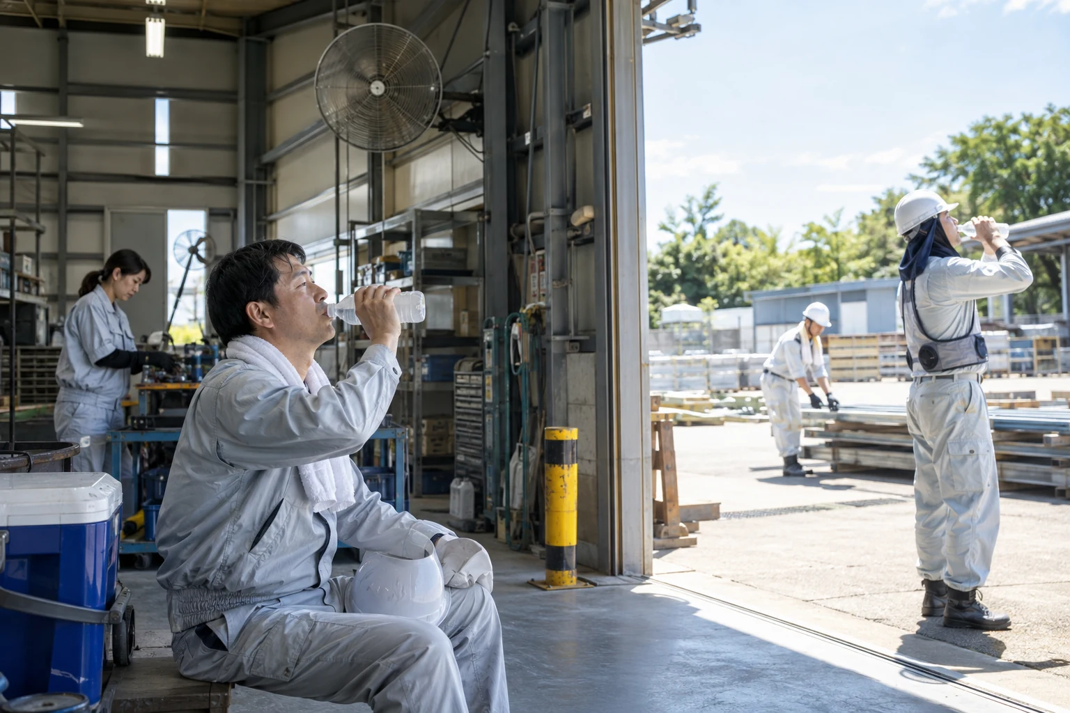 屋内と屋外の作業環境で休憩と水分補給を行う日本人作業者