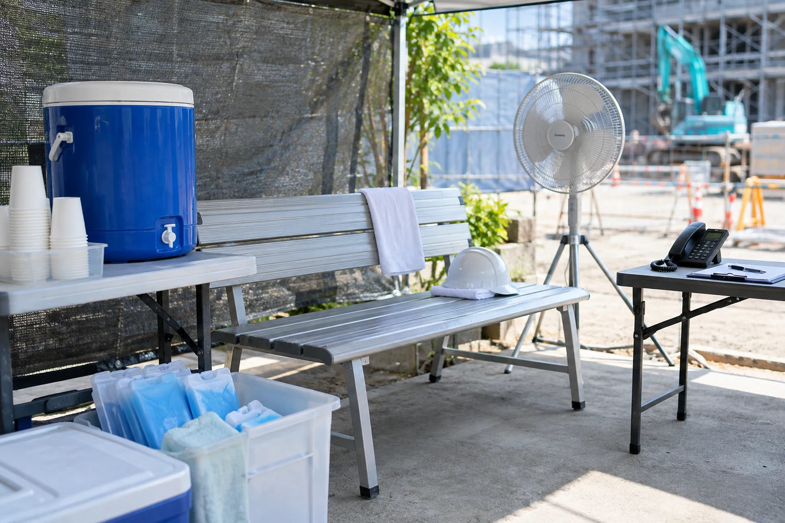 水分や冷却材を備えた職場の休憩場所