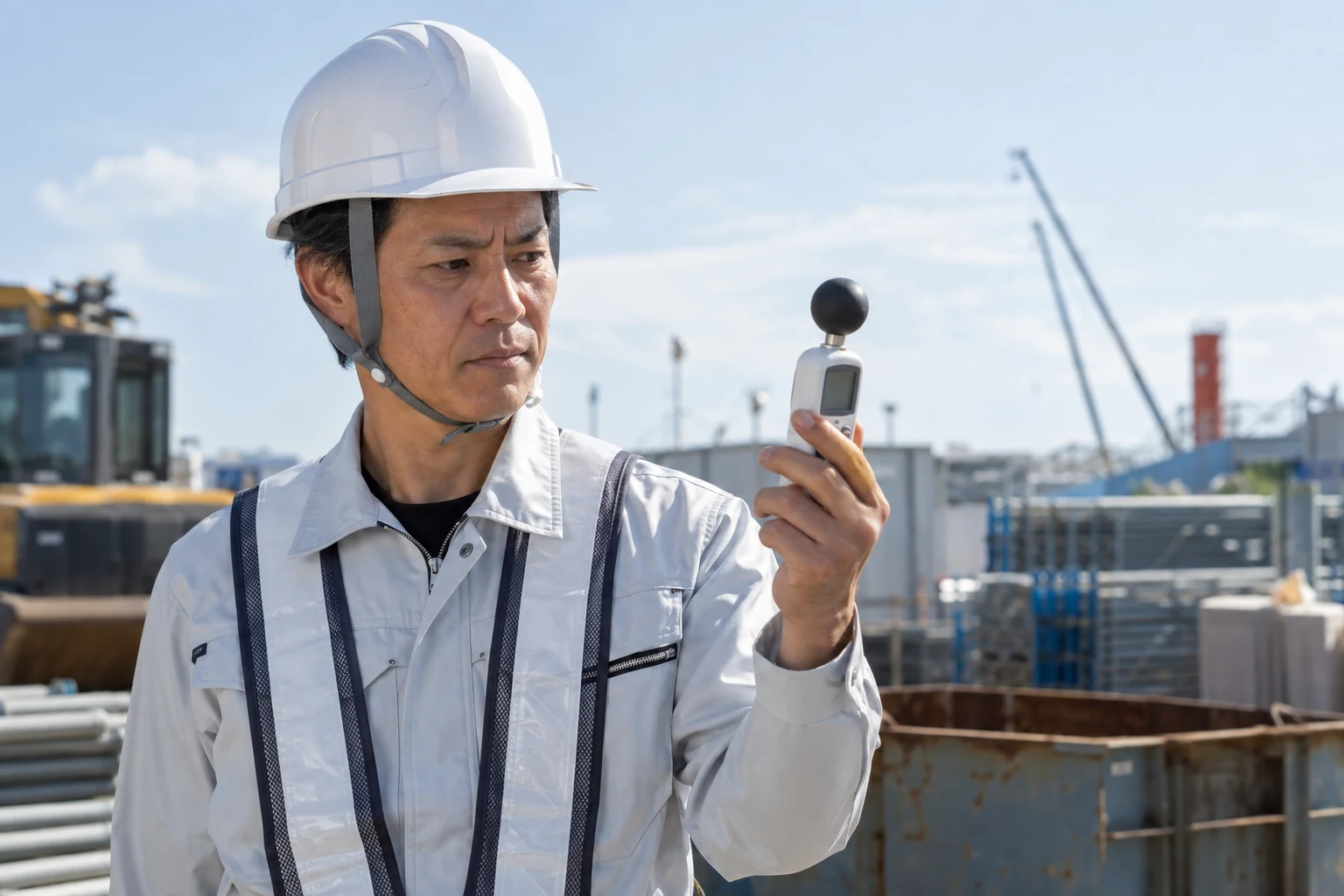 屋外の作業場所でWBGT計を確認する日本人作業者