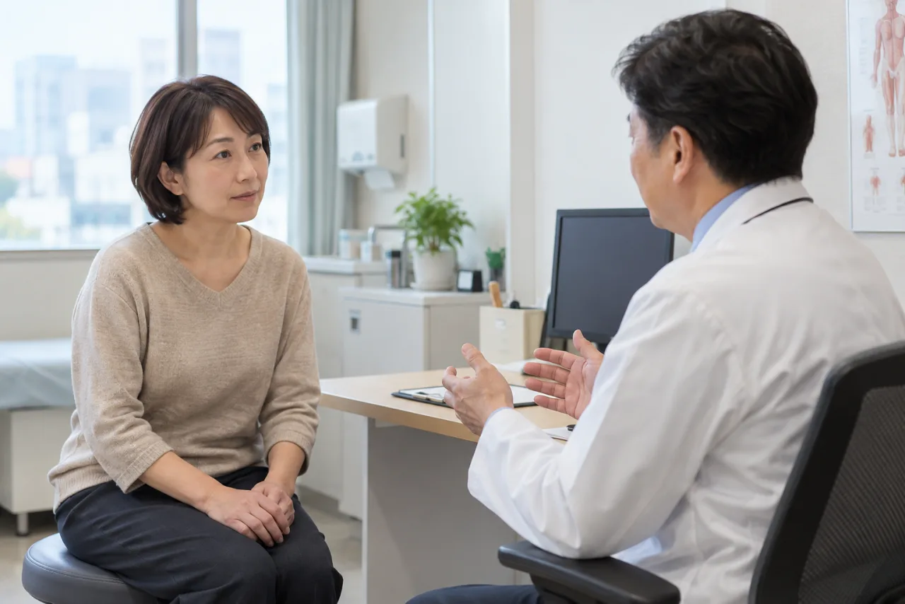 主治医へ復職について相談する日本人女性