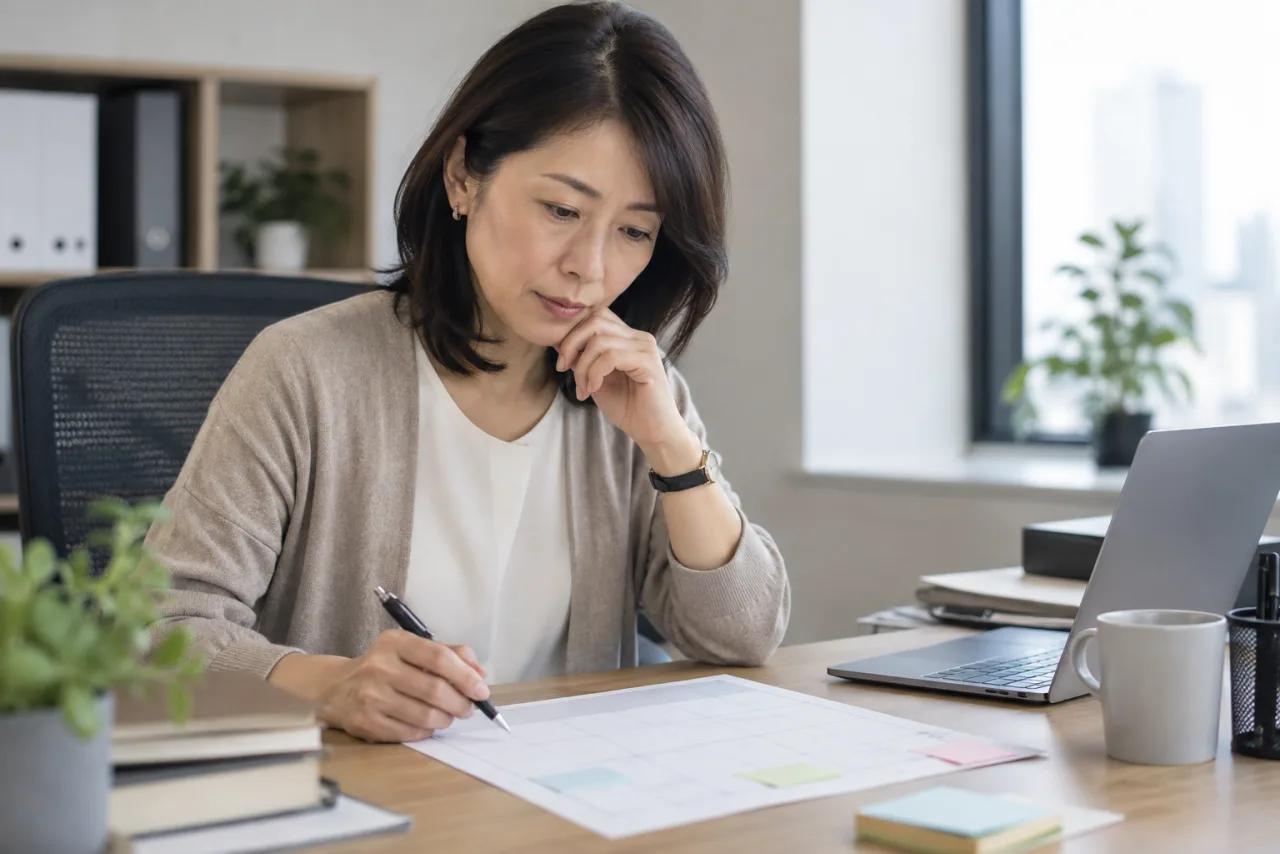 休職中の相談先と確認事項を整理する日本人女性