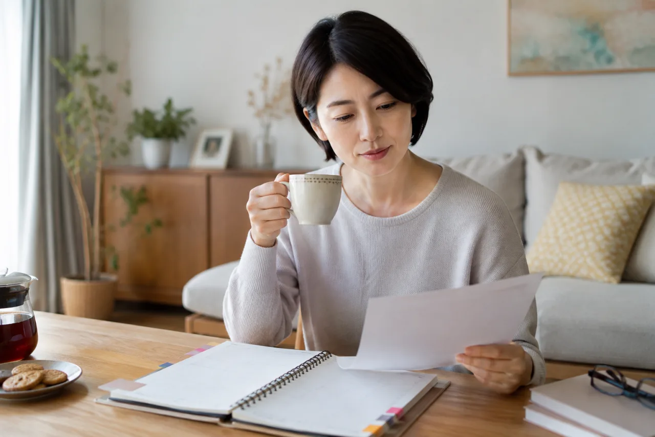 復職後の勤務とフォローアップ予定を確認する日本人女性