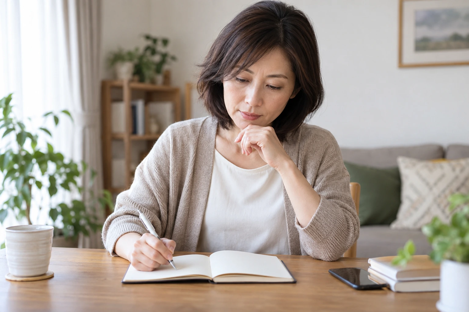 休職理由を会社へ伝える内容をノートに整理するひとり暮らしの女性