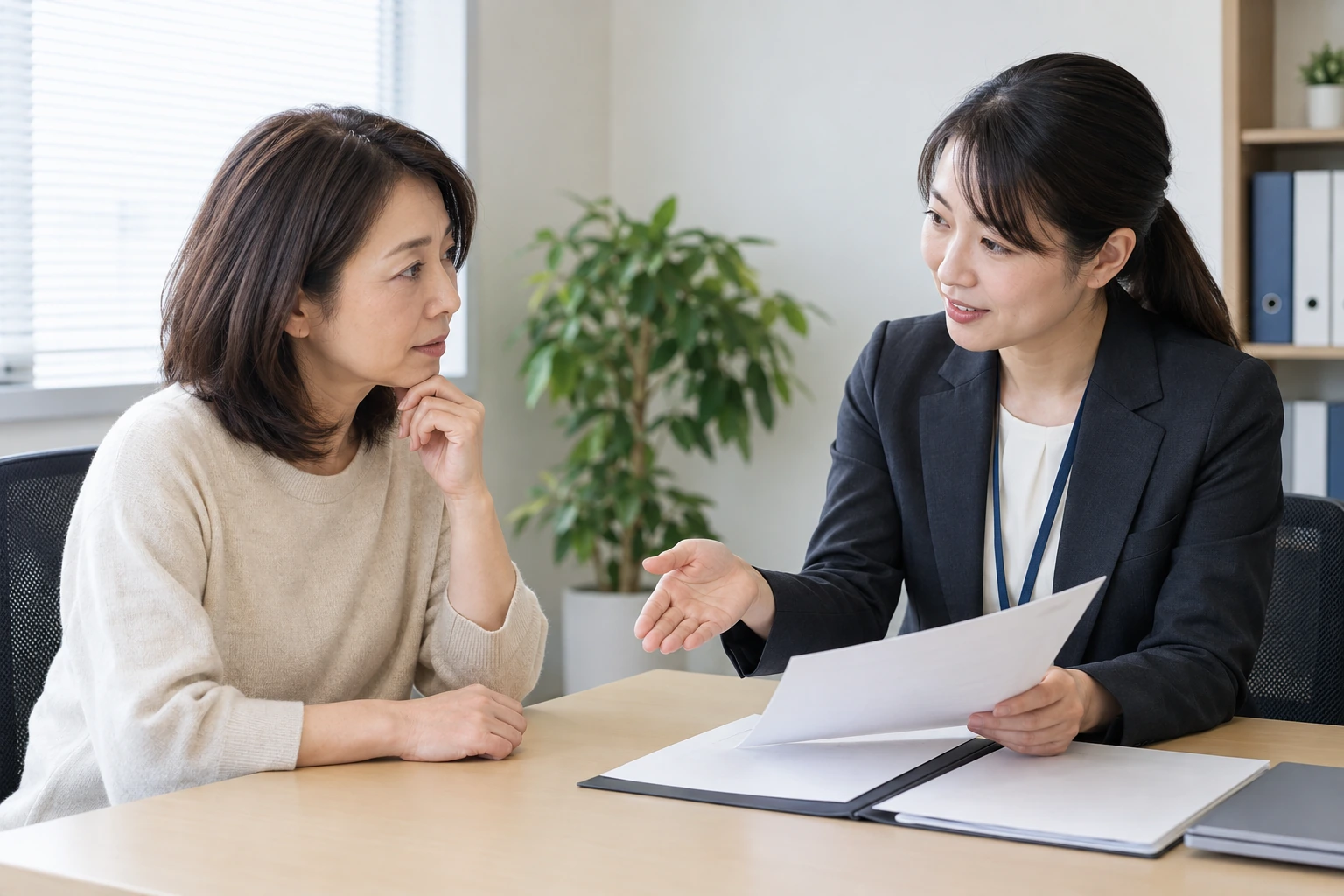 人事担当者と休職期間や連絡方法を相談する女性