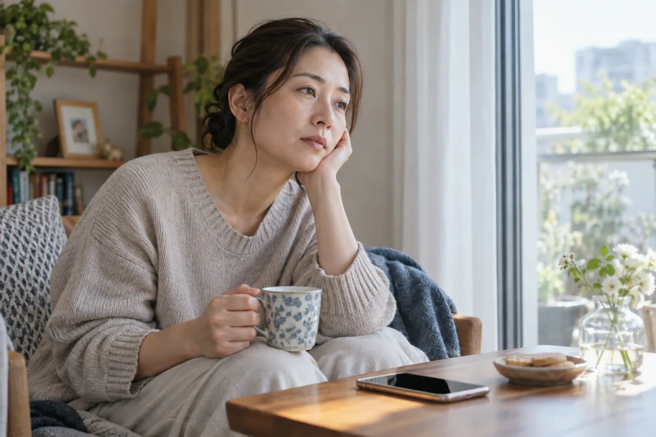 職場のストレスを感じながら自宅で休む日本人女性